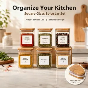 6-Piece Square Glass Spice Jars with Bamboo Lids, Food-grade Storage Containers. Moisture-proof, insect-proof and fresh-keeping, stackable and equipped with labels. Stylish storage for modern kitchen.