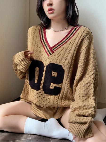 Plus Size Women's Knitted Sweater, Knitwear, Casual Loose-Fit V Neck Pullover, Long Sleeve Drop Shoulder Top for Fall & Winter
