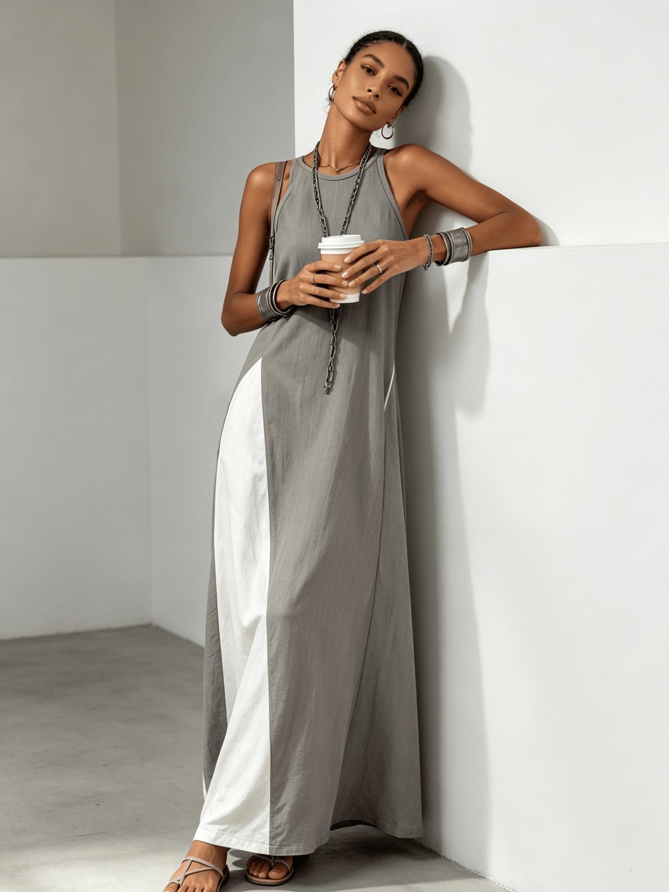 A women's color-blocking dress, Casual Beach Dress, Beach Resort Wear, with sleeveless vest, draping and flesh-concealing long skirt, suitable for summer, beach vacation, exploring shops, attending exhibitions, dating, and enjoying afternoon tea