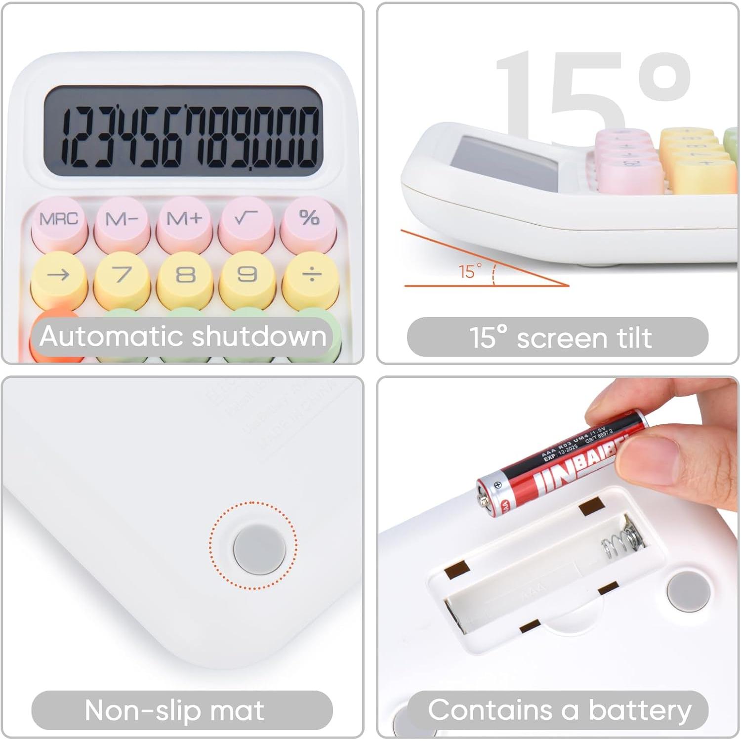 Mechanical Pushbutton Calculator,12 Digit Large LCD Display,Big Buttons Easy to Press,Colorful Candy Calculator,Automatic Sleep,with .for Office,School, . (White)
