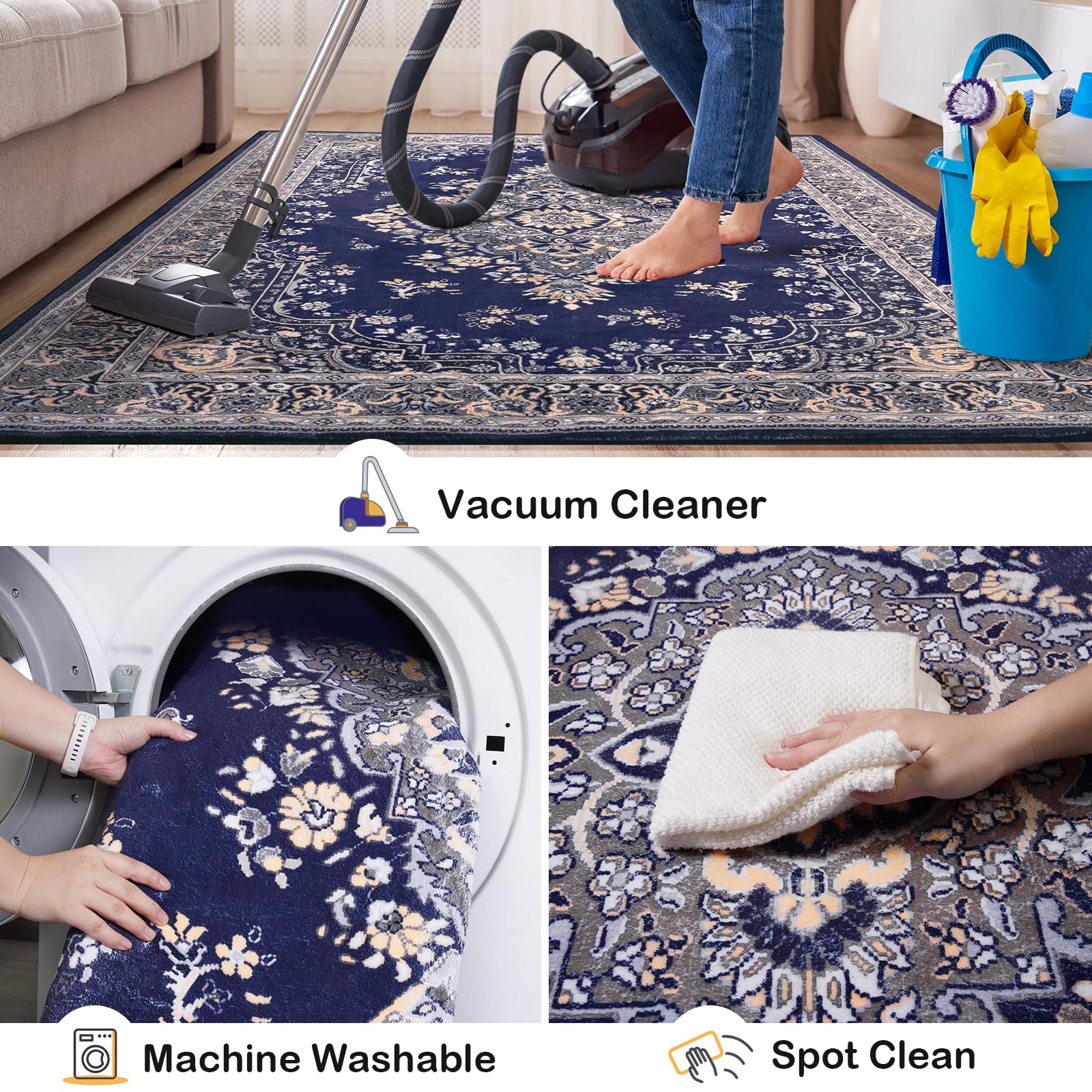 Washable Vintage Area Rug Non-Slip Low Pile Large Rug For Living Room, Bedroom, Farmhouse, Dining Room, Black, Grey, Blue, Green, Beige, 5x8, 7x10, 9x11 Feet