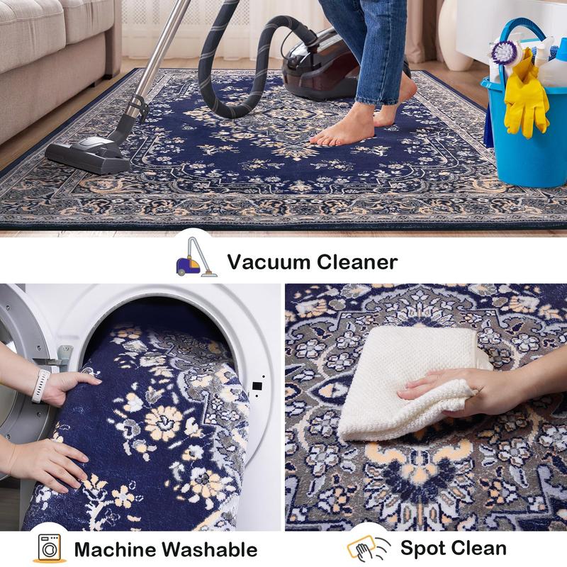 Washable Vintage Area Rug Non-Slip Low Pile Large Rug For Living Room, Bedroom, Farmhouse, Dining Room, Black, Grey, Blue, Green, Beige, 5x8, 7x10, 9x11 Feet