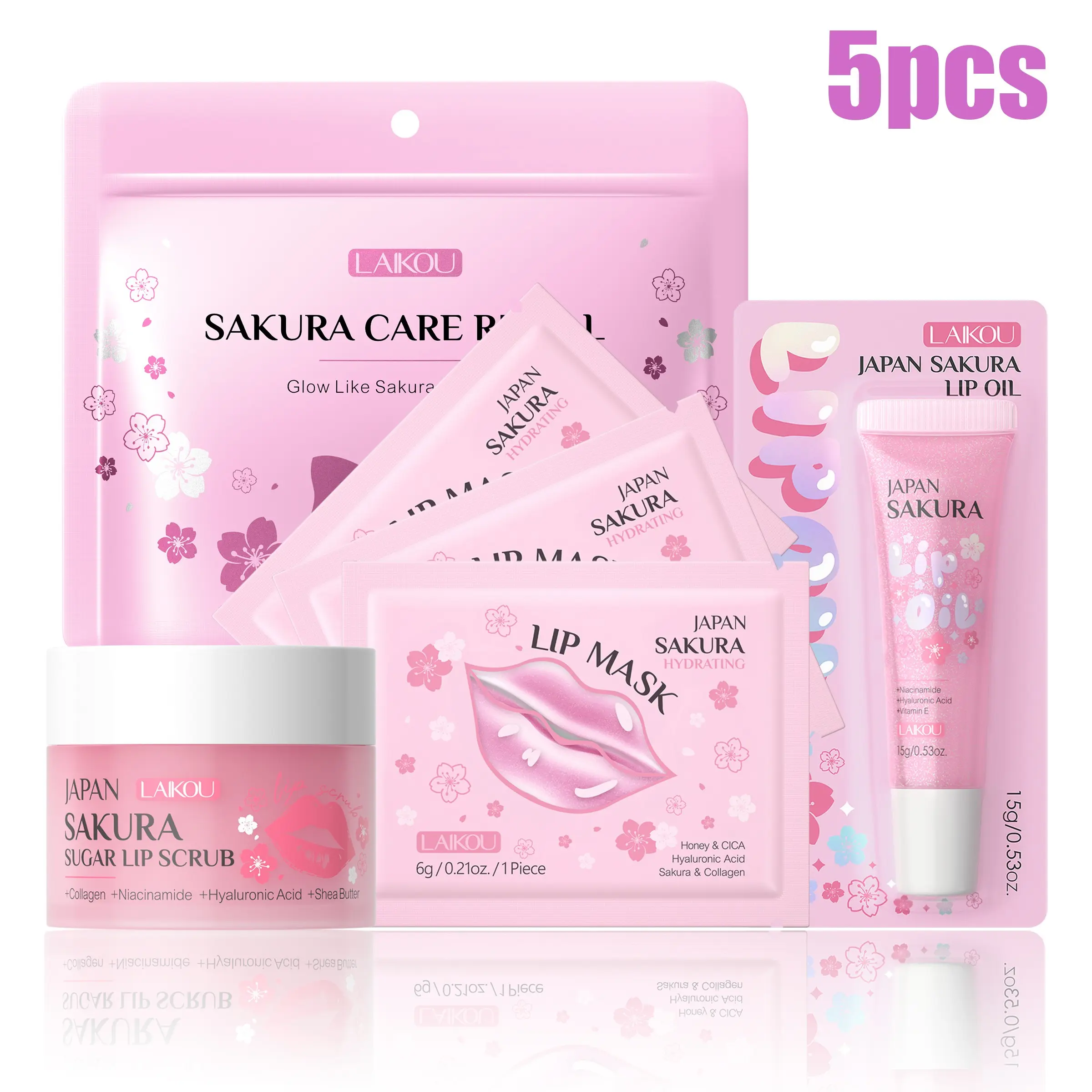 Sakura Sugar Lip Scrub and Lip Oil Set, Hydrating Lip Care Kit for Teens, Exfoliating Lip Scrub Glossy Lip Oil and Hydrating Sheet Lip Mask Trio Set for Dry Lips, Cute Moisturizing Spa Gift Set for Girls, 5 Pcs