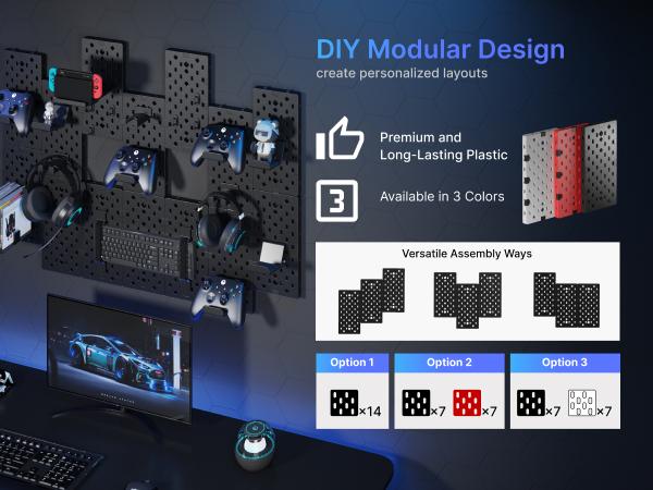 Pegzone Controller and Headphone Holder Wall Mount, Modular Gaming Pegboard with Accessories, Controller Stand for Xbox PS5 PS4 Switch, Video Game Storage, Disc Shelf Organizer, 7pcs/14pcs Pegboard