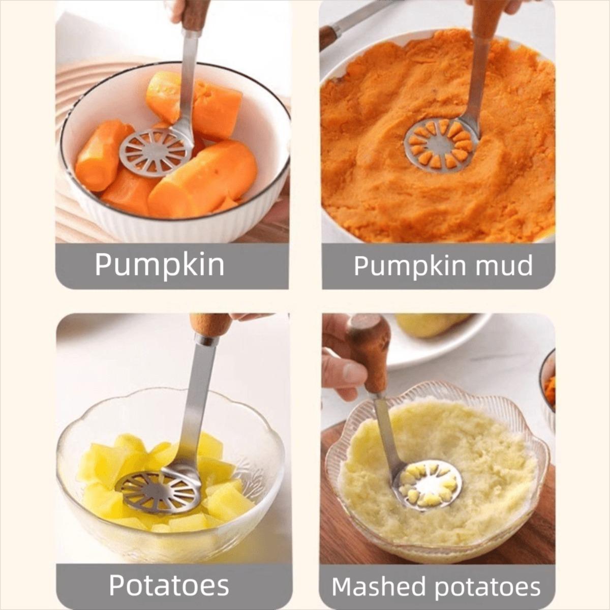 Manual potato masher, lemon juicer, manual press non-stick potato masher with non-slip wooden handle, rust-proof food masher. Potato mashing, food preparation, compact design