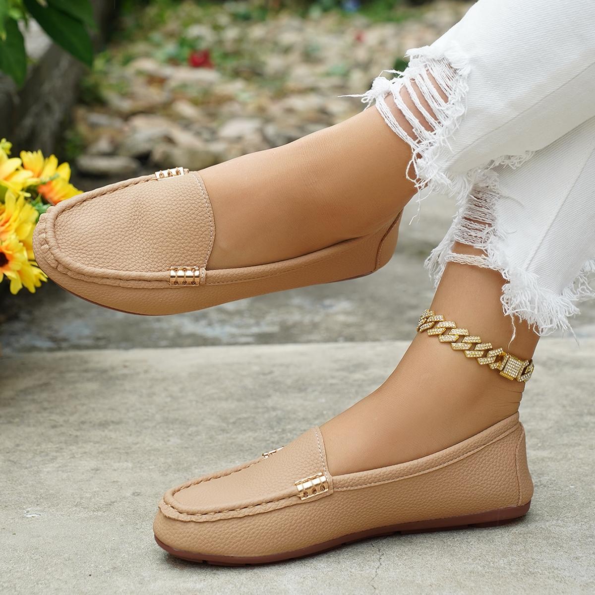 Women's Classic Plain Low Heel Shoes, Fashionable and Sexy, High-End Slant Metal Chain Decoration, Comfortable Casual Loafers, Slip On Shoes