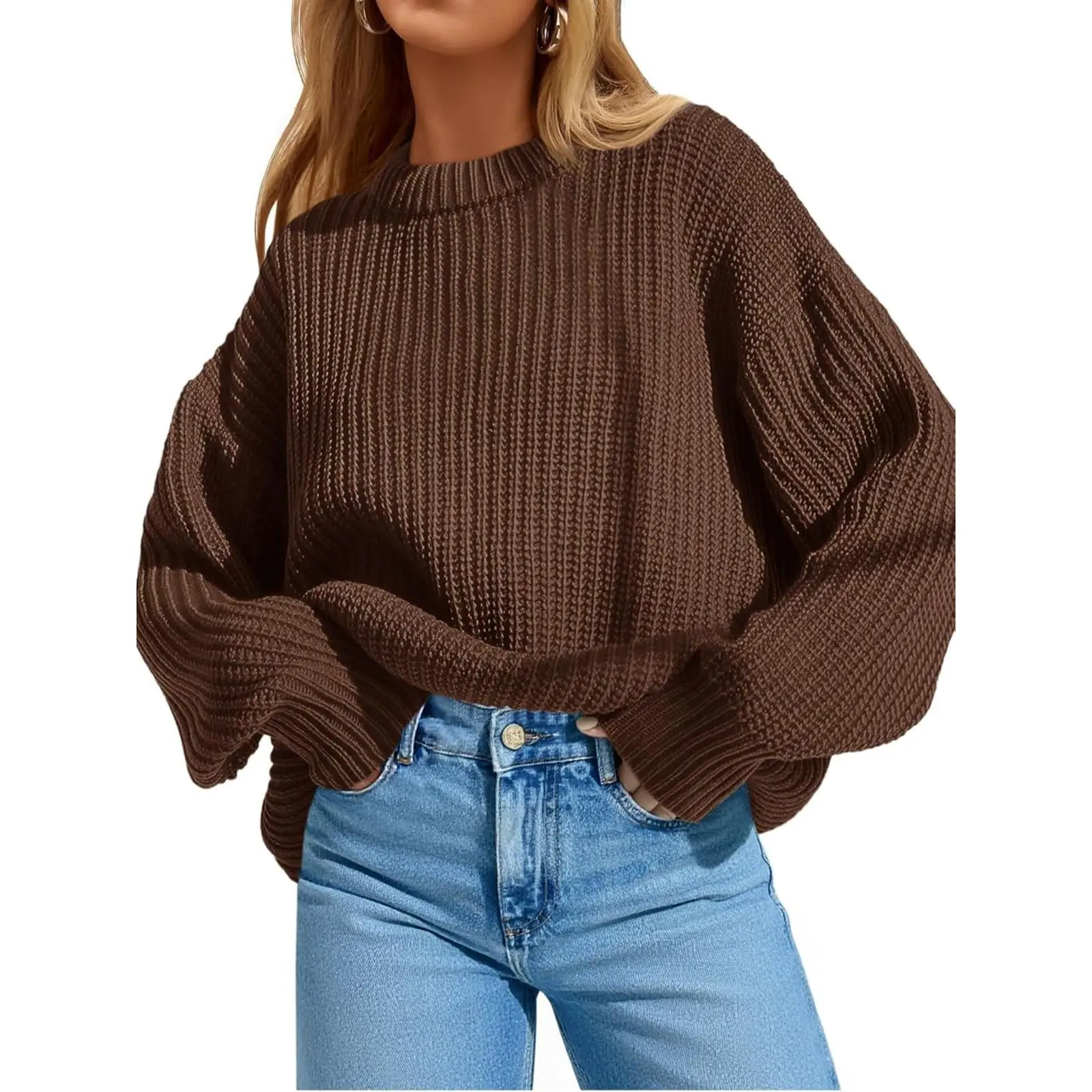 Aoysky Women's Acrylic Oversized Crew Neck Pullover - Lightweight Chunky Knit, Slouchy Long Sleeves, Ribbed Detail - Ideal for Thanksgiving, Valentine's Day, Outdoors