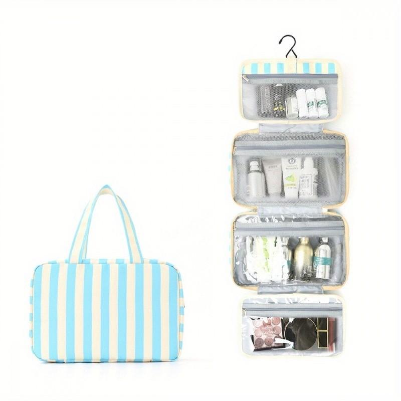 Multifunctional four-fold toiletry bag with hook; portable travel cosmetic storage bag; large capacity for storing cosmetics, medicines, and shampoo.
