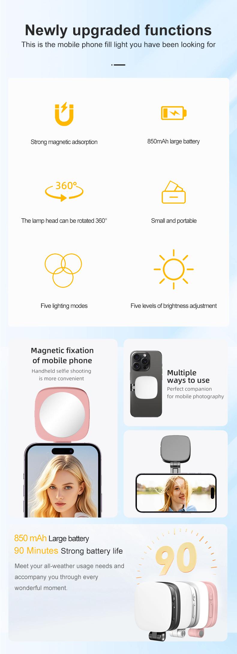 Magnetic Selfie Light for Phones LED Selfie Ring Light 360° LED Ring Light with MagSafe Portable Rechargeable Selfie & Fill Light with Mirror & Phone Stand Perfect Gift for girls for Makeup Live Streaming & Video Calls Magnetic Selfie Light for Phones LED Selfie Ring Light 360° LED Ring Light with MagSafe Portable Rechargeable Selfie & Fill Light with Mirror & Phone Stand Perfect Gift for girls for Makeup Live Streaming & Video Calls