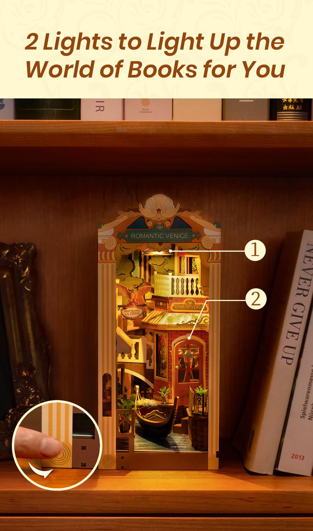 Rolife Romantic Venice DIY Book Nook Shelf Insert Kit TGB08 Book Nook Kit with Dustproof Sheet DIY Miniature House with LED Booknook Bookshelf Insert Decor 3D Wooden Bookend Model Craft Hobby Gift for Teens and Adults