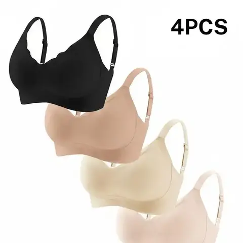 QETLAN Women's 4-Pack Seamless Nylon+Spandex Wireless Unlined Bras, Full Coverage Soft Fabric, Flat Adjustable Straps, Moisture-Wicking & Breathable, Jelly-Light Feel, Hook Closure, Invisible Under Clothes, Anti-Snagging, Casual Everyday Bras