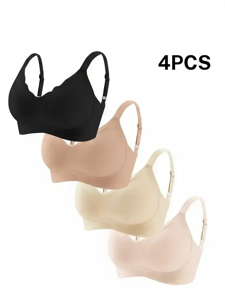 QETLAN Women's Seamless Wireless Bras 4 Pack Basic Soft Solid Everyday Bras, Full Coverage, Flat Adjustable Straps, Breathable, Push Up Support, Jelly Light Feel, Hook Closure, Invisible, Casual, 2XL, Ideal Gift for Moms , Anti Snagging Everyday Bras