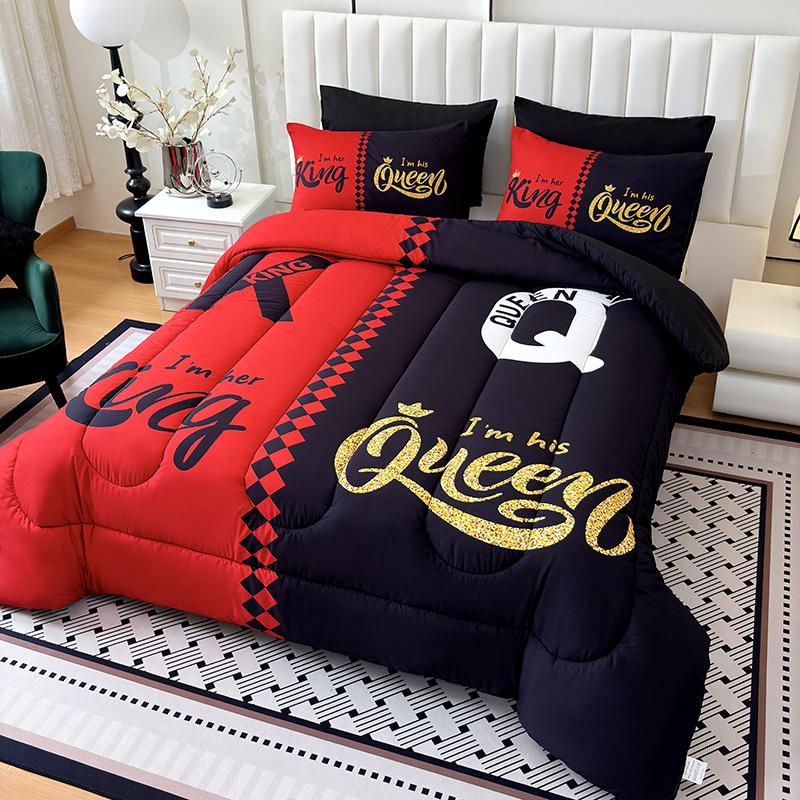 3-piece Crown letter black and gray color block super soft breathable warm  Quilt Set (1 Quilt +2 pillow cases without pillow cores), with 180gsm quilted soft ventilation digital printing for bedroom dormitory at home, no bed sheets and bed covers