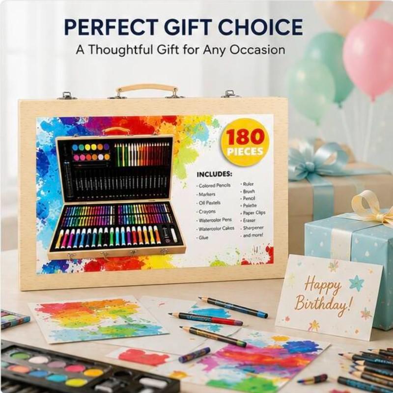180-Piece Wooden Art Set, Dual-Layer Wood Box, Non-Toxic Washable, DIY Tools for Kids, School Art Supplies, Birthday Gift Box