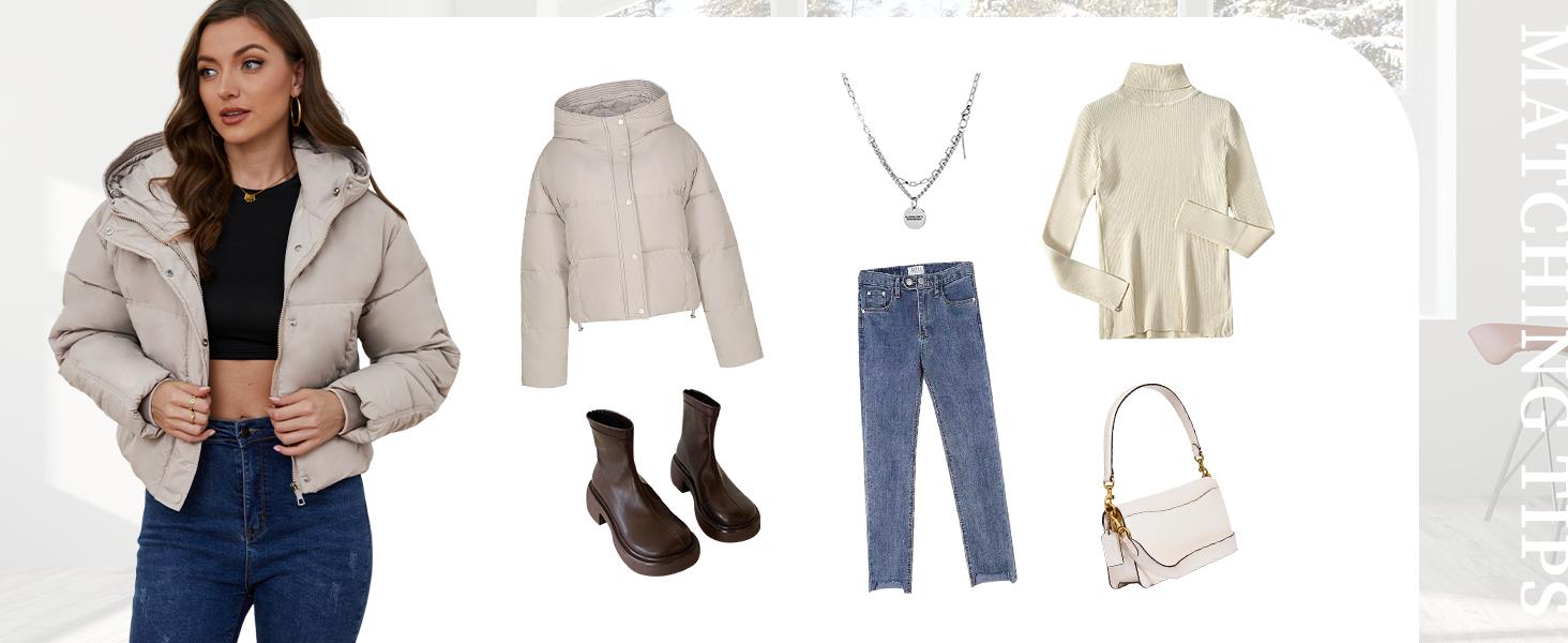 Yimoon Womens Winter Cropped Puffer Jacket Hooded Zip Up Short Warm Quilted Puffer Coat Outerwear Fabric Fits