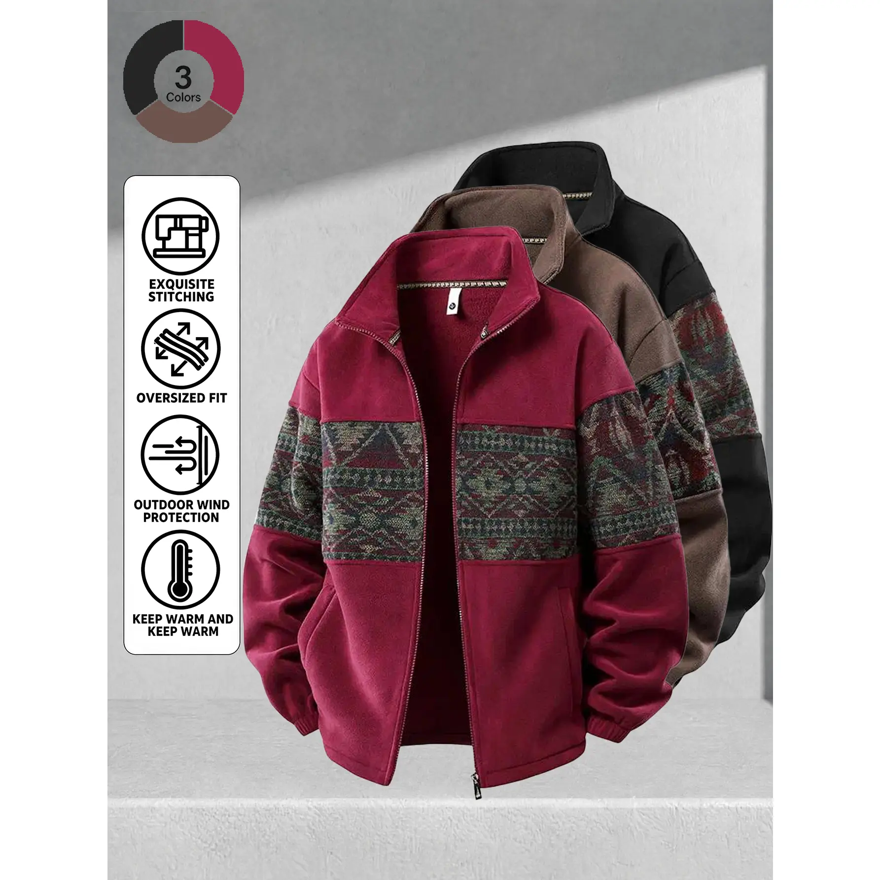 Men's Vintage Aztec Tribal Patchwork Fleece Jacket, Full Zip Stand Collar Warm Winter Coat, Casual Outdoor Retro Geometric Pattern Outerwear with Pockets, Soft Thick Streetwear Fleece Jacket for Men