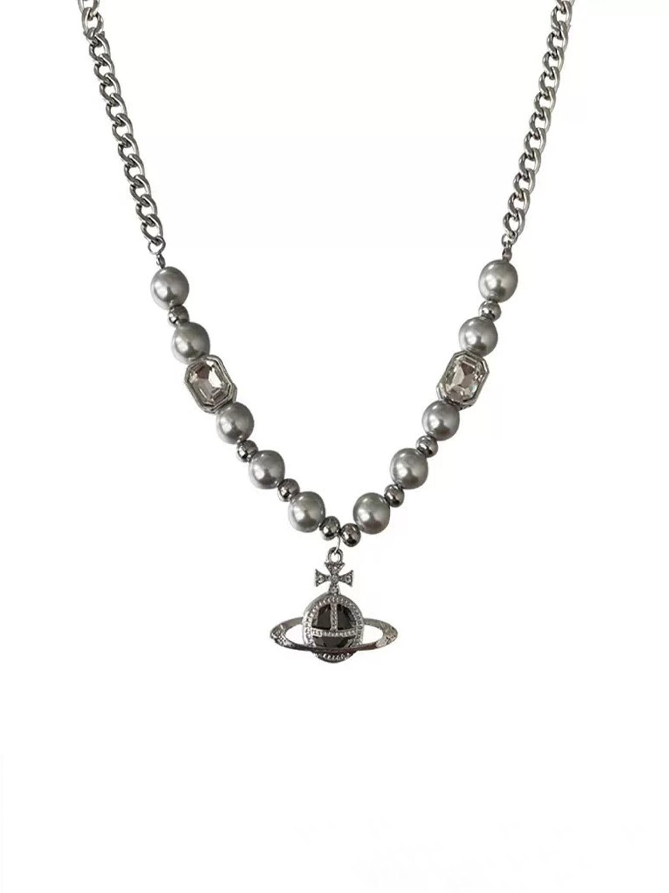 Fashionable Saturn Gray Pearl Pendant Necklace Unisex Hip-Hop Style & Sweater Chain Accessory Charm Necklaces Elevate Everyday Outfits with This Delicate, Trendy Jewelry Gift