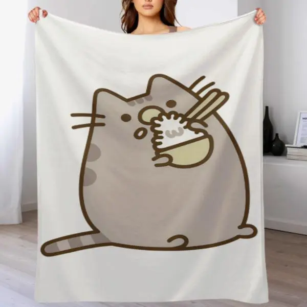 Cute White Pusheen Pattern Blanket - Ultra Soft Warm Fleece Throw Non-Fade Digital Print Decorative Bed Blankets Holiday Dorm Essentials