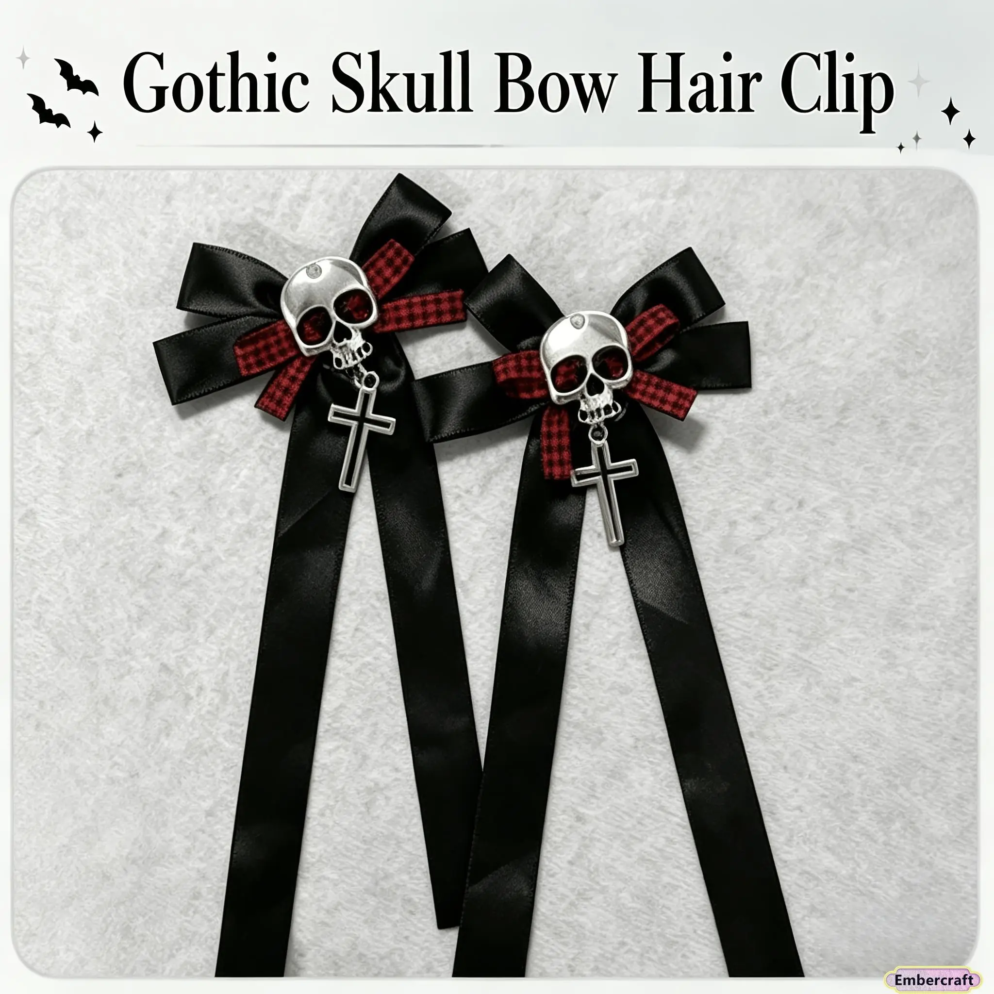 Viral Gothic Skull Hair Accessories Set, Black Ribbon Headband with Cross Pendant, Y2K Punk Lolita Hair Clips, Red Plaid Cosplay Headpiece for Women, Halloween Costume, Anime Convention, Festival Party, Aesthetic Gift Idea