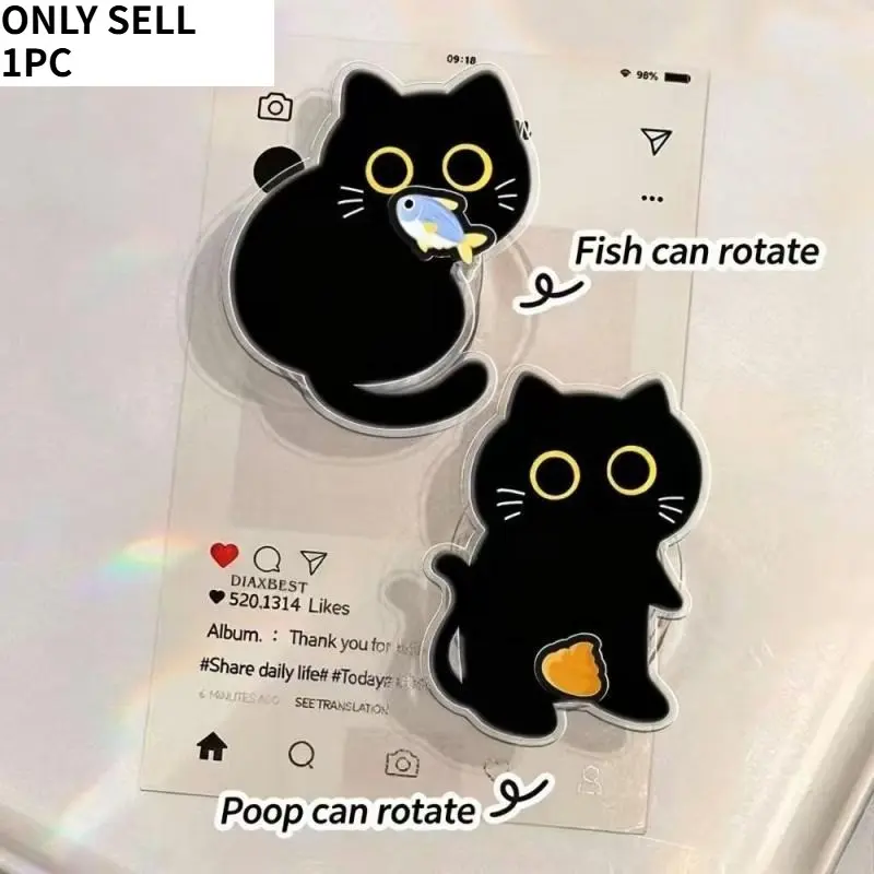 Cute Black Cat Acrylic Phone Grip, Sticky Rotatable Collapsible Phone Holder, Cartoon Finger Stand for Desk Watching Video