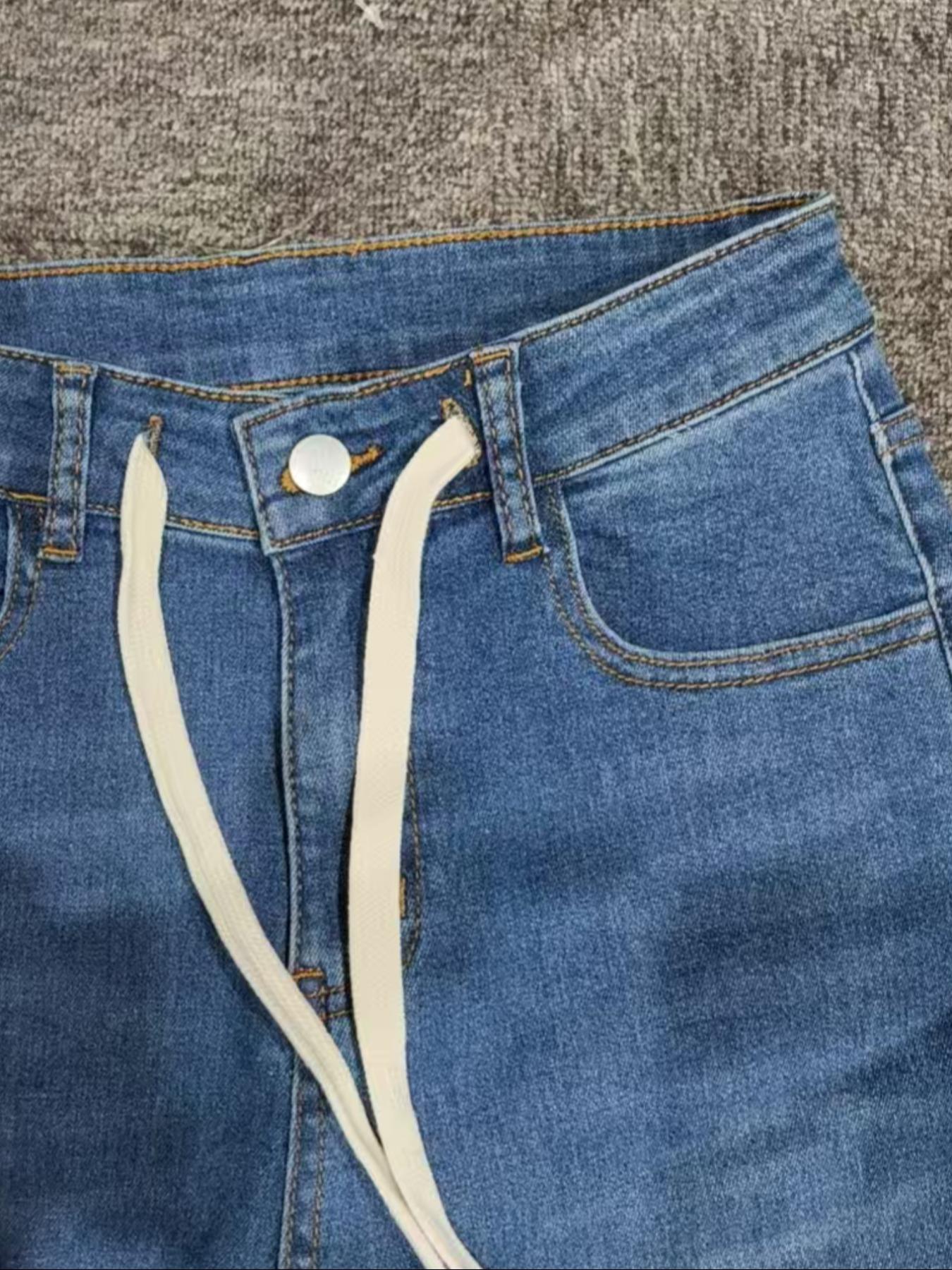 Women's Plain Drawstring Waist Jeans, Casual Fashion Denim Pants for Daily Wear, Ladies Bottoms for Spring & Fall, Casual Denim Trousers