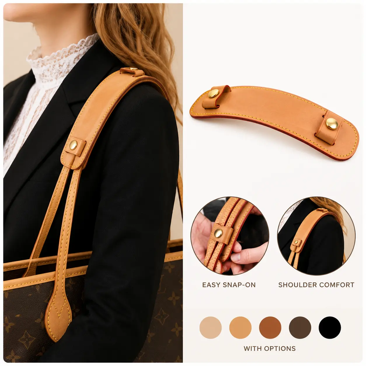 Genuine Vachetta Leather Shoulder Strap Pad & Handle Protector for Neverfull PM/MM/GM – Comfort Anti-Wear Cover
