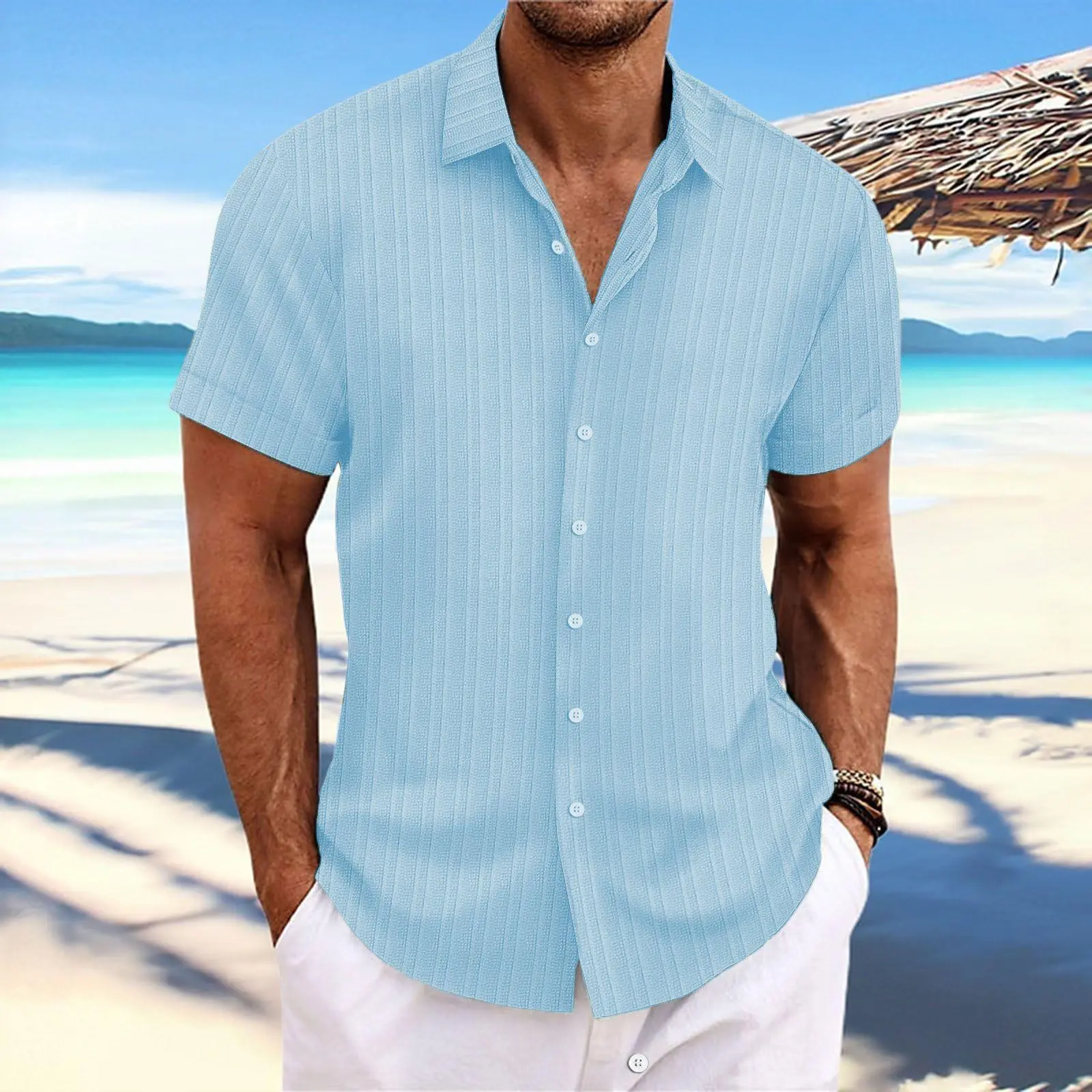 Summer short-sleeved shirt, lightweight and breathable, suitable for beach vacations, pool parties and casual wear, solid color shirt, men's shirt, men's short-sleeved top.
