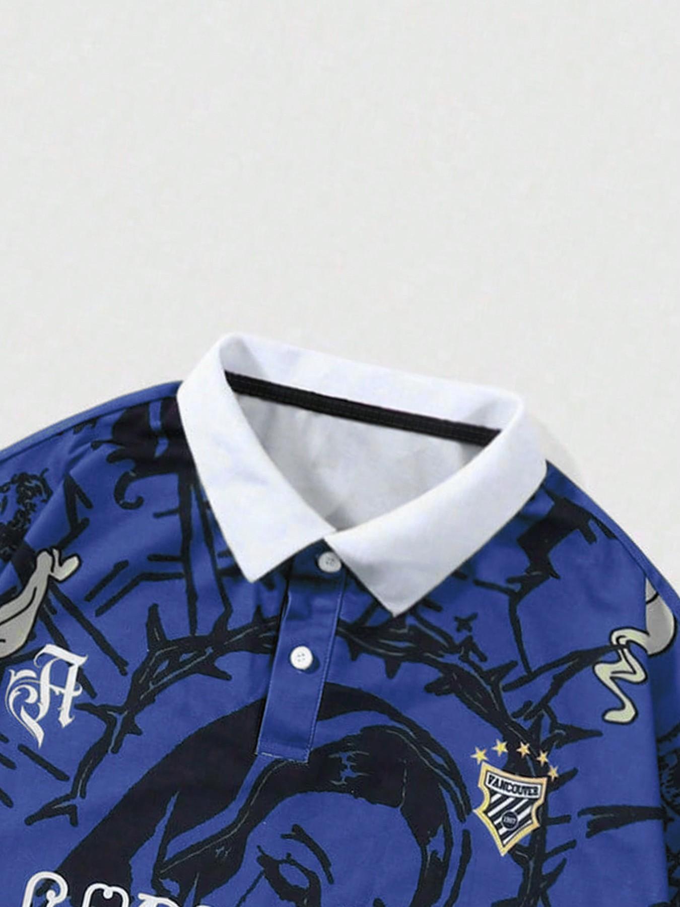 Men's Blue Religious Graphic Polo Shirt, Contrast Collar Short Sleeve Tee For Streetwear