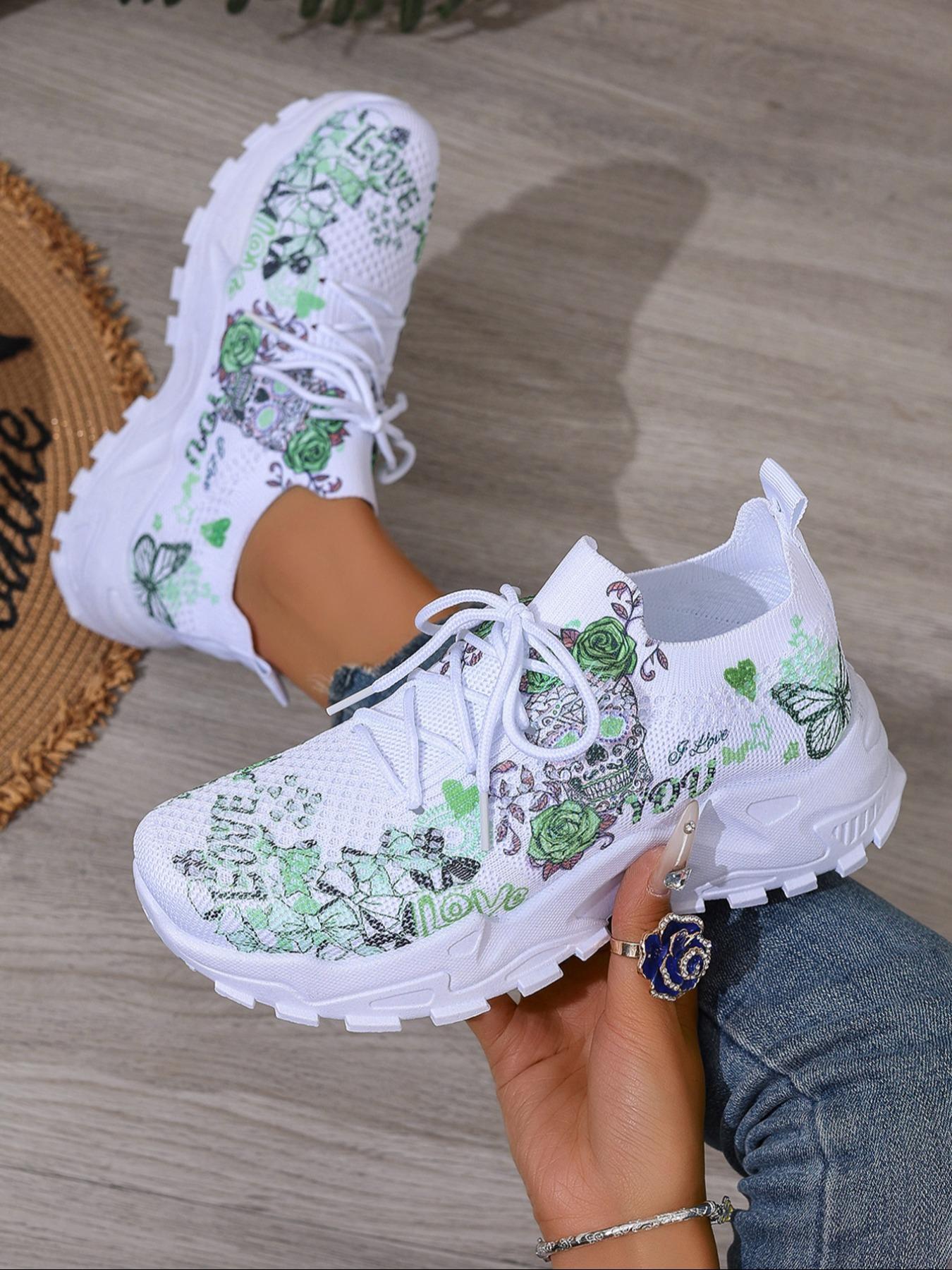 Women's Fashionable Floral Print Lace Up Low Top Sneakers, 2024 New Style Casual Comfortable Breathable Sports Running Shoes, All-match Basic Shoes for Daily Wear