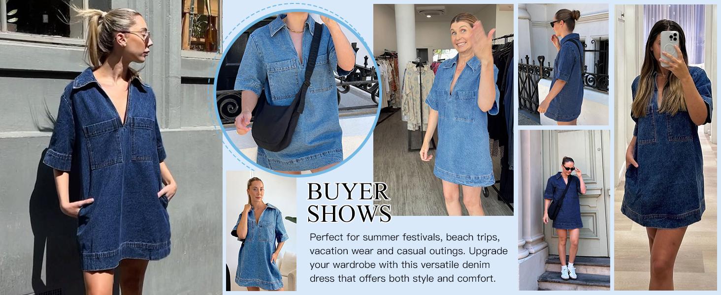 FMEYOA Womens Denim Shirt Dress Summer Collared V Neck Mini Casual Jean Dresses with Pockets