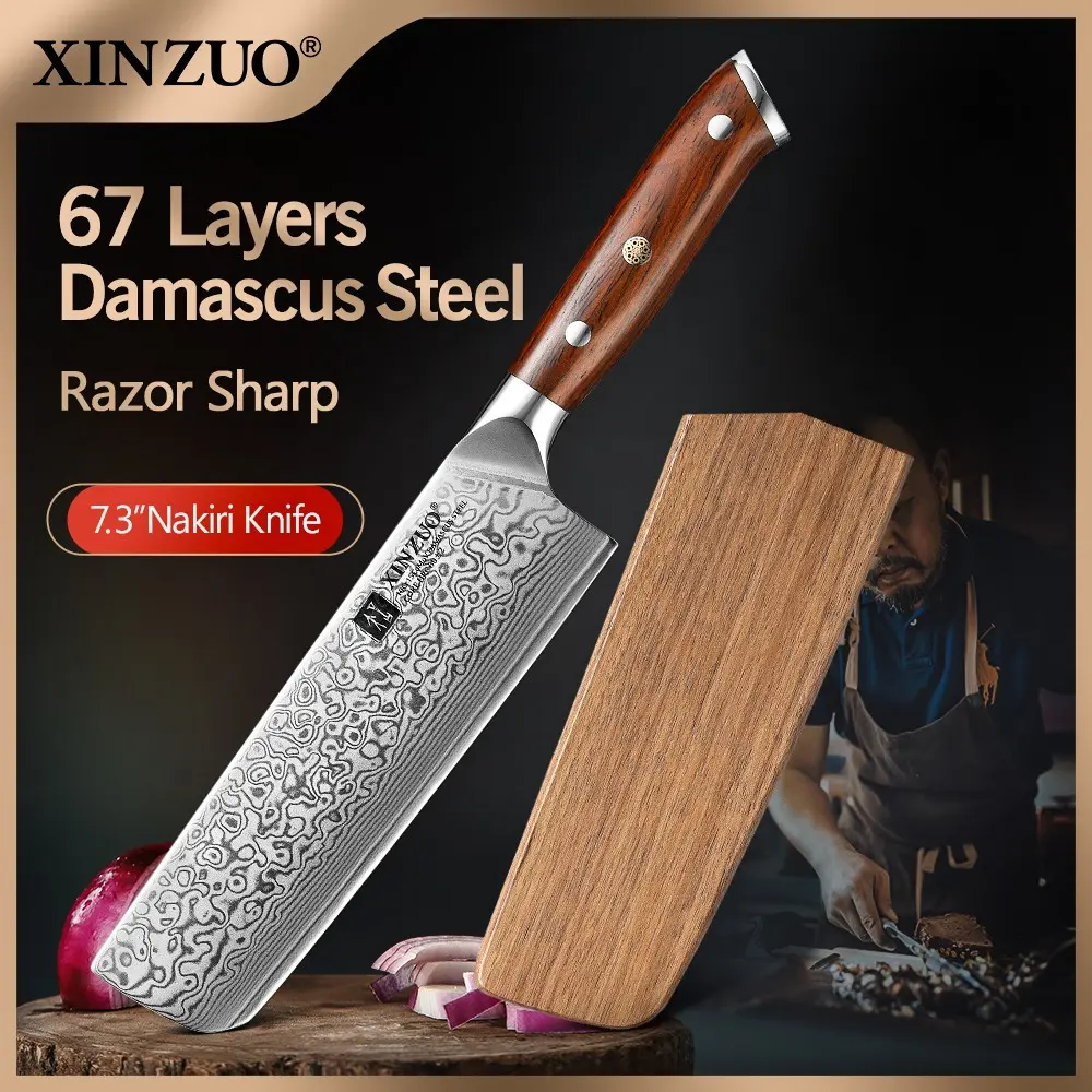 XINZUO Yu Series Damascus Steel Nakiri Knife, 7.3 Inches in Length, Features 67 Layers of Damascus Super Steel Blade, 60±2 HRC Core Hardness, 15-Degree Edge Angle per Side, High-Quality Premium Rosewood Handle, and Comes with a Beautiful Gift Box