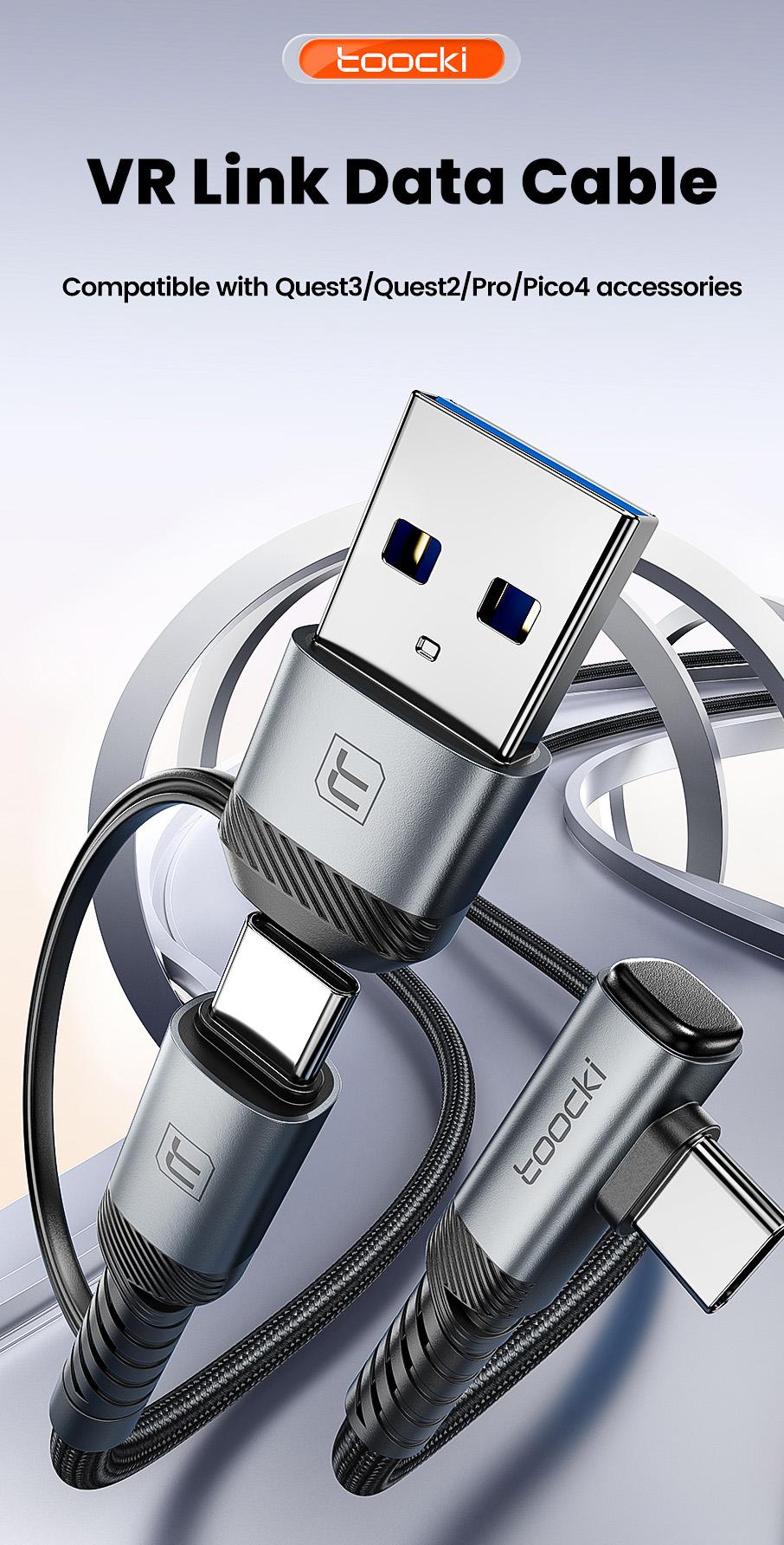 Toocki 5m VR Link Cable 2-in-1 USB A USB C to Type C PD USB3.0 Data Transfer Elbow Wire For Quest3/Quest2/Pro/Pico4 Accessories 90 Degree Elbow USB C To Type C Link Cable