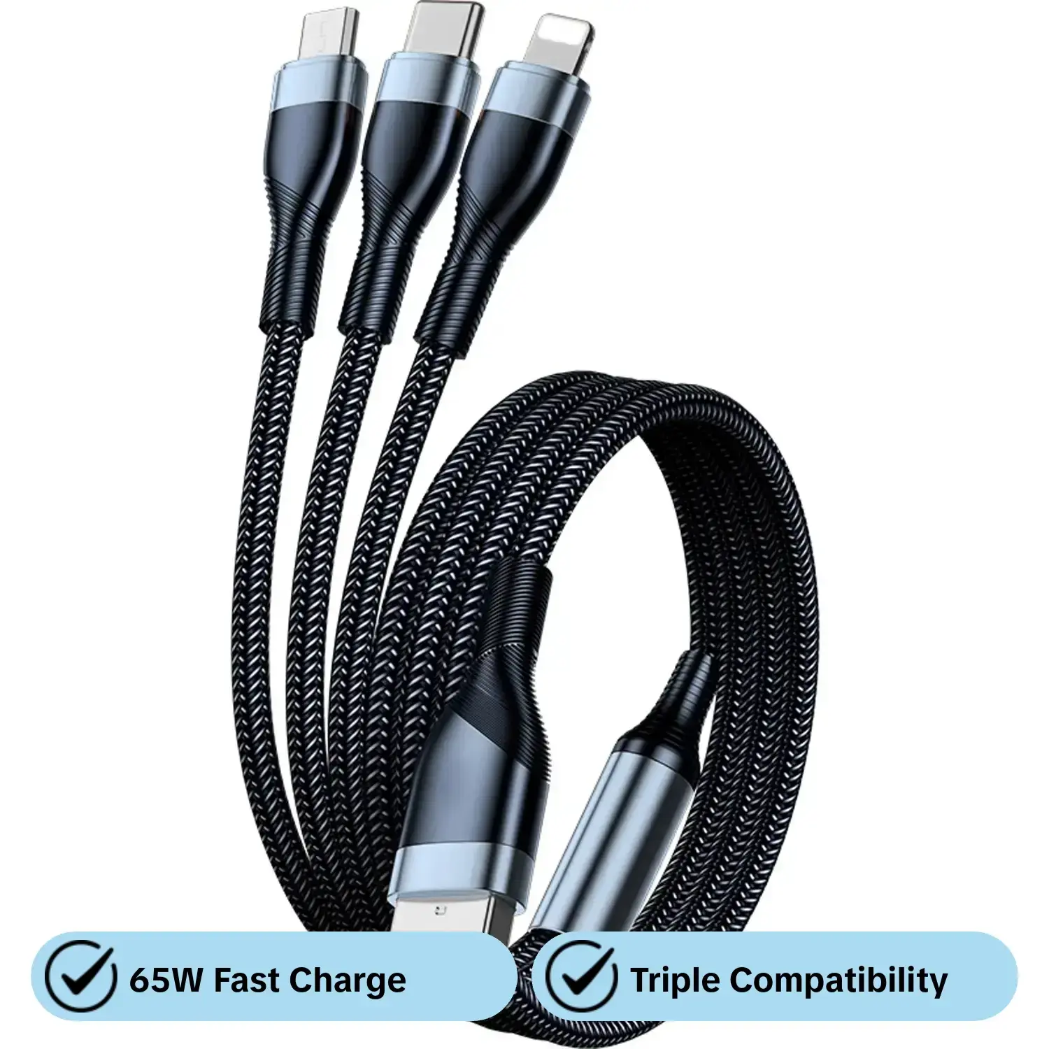 65w Fast Charging Cable, 1.2m Smart Split Nylon Charger, Triple USB Type C/apple/USB Data Line, Compatible with Phone/tablet/game Console/fan, Data Cables, Fast Charger Cord