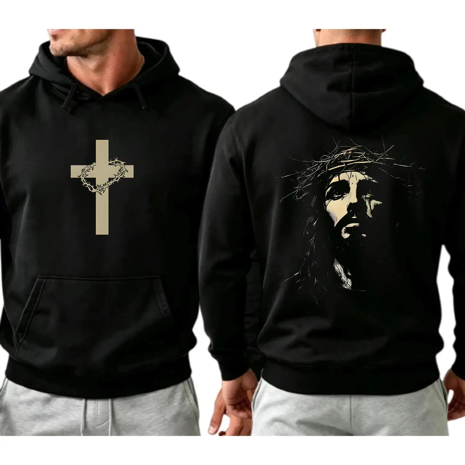 Men's Hoodie Featuring Printed Cross on Front and Jesus Wearing Crown of Thorns Design on Back Religious Style Casual Wear Pullover Sweatshirt