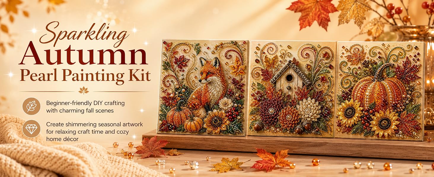 Autumn Pearl Painting Kit - Pearl Art Diy Kits for Adults Autumn (Pumpkin) |   12 * 12-inch Beginner-Friendly Crafting with Selected Fall Scenes, a Relaxing DIY Project for Sparkling Autumn Artwork