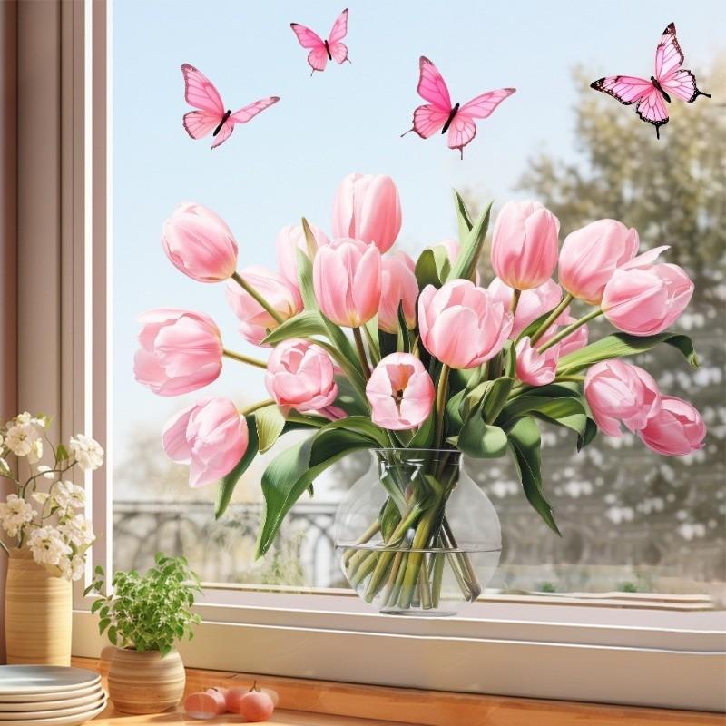 1 pc tulip butterfly window sticker, gentle and fresh rural style, pink tulip+butterfly+hydroponic potted elements, reusable PVC electrostatic sticker, suitable for home decoration and beautification