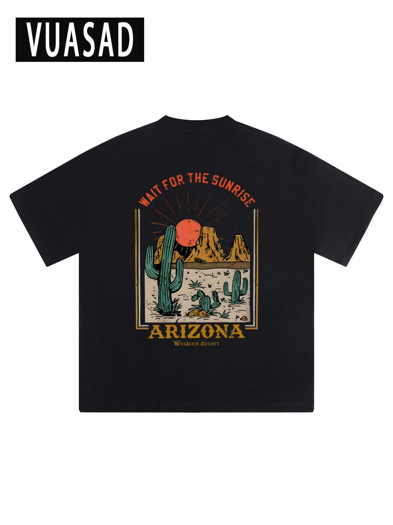 Men's Desert Cactus Landscape Casual Short Sleeve T-Shirt, Vintage Washed Style, Loose-Fit Pure Cotton Top, Daily Wear