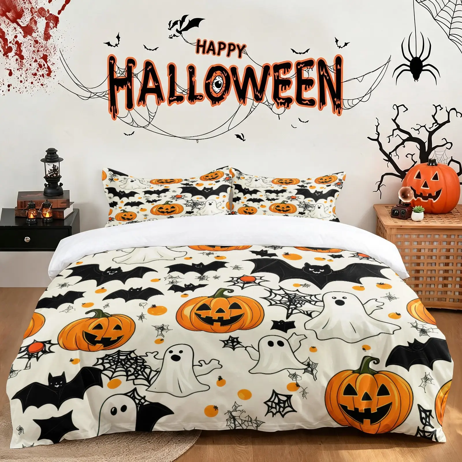 3PCS Cute Cartoon Halloween Duvet Cover Set, 1 Duvet Cover + 1-2 Pillowcases, Ghost Pumpkin Bat Spider Web Bedding Set, Soft Microfiber All Season, Halloween Bedroom Decoration, Gift for Halloween Holiday Enthusiast