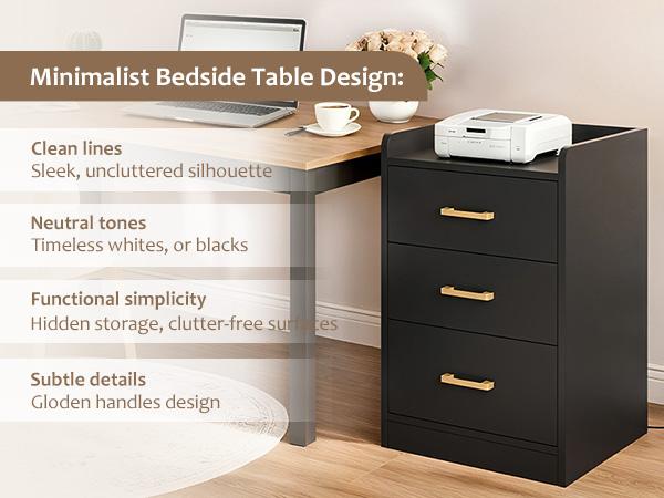FOTOSOK Nightstands Set of 2 Black Nightstand with Charging Station, 3 Drawer Nightstand with Gold Handles, Side Table for Home Office