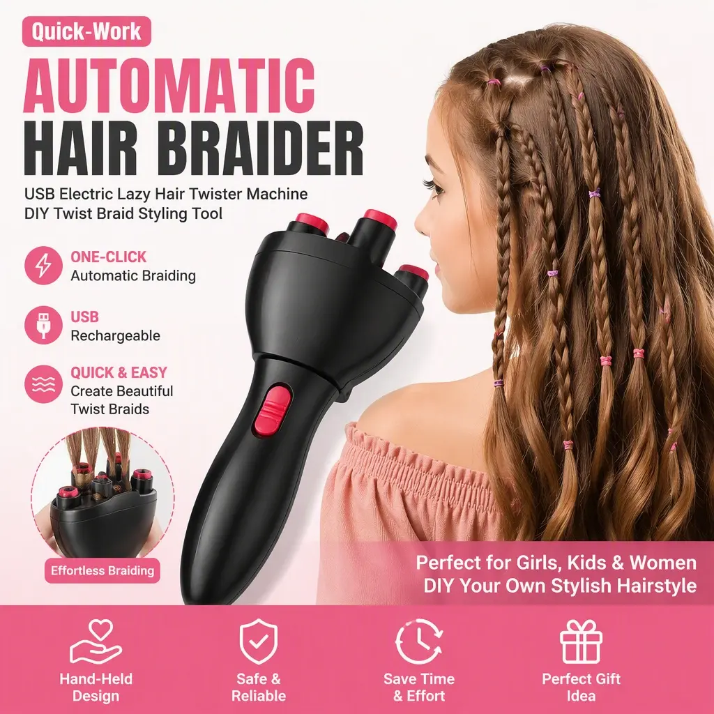 Portable Electric Hair Braider Machine, Automatic Quick Twist Hair Styling Tool, USB Powered Lazy Hair Braid Maker for Girls, Children & Ladies, DIY Hairstyle Braid Accessories