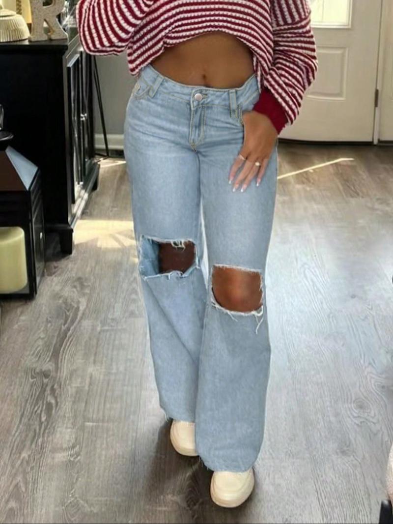Women's Trendy Fashion Denim Ripped Design New Straight Leg Wide Leg Elastic Comfortable Elegant Long Pants, All Seasons