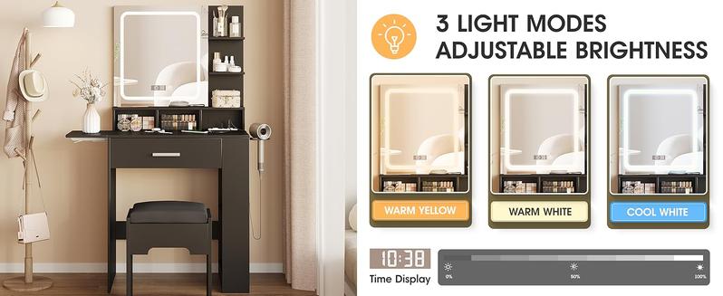 Vabches Vanity Desk with Mirror and Lights, Small Makeup Vanity with Drawer & Lots Storage Shelves, White Vanity Table with Charging Station & Time Display, Vanity Set with Chair, for Bedroom