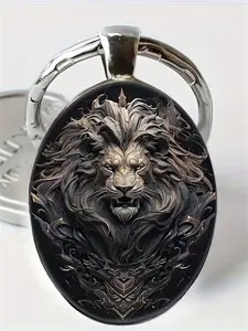 1 PC Fashionable DIY Zinc Alloy Keychain, Lion Pattern Oval Glass Key Ring, Unisex, Perfect Gift for Weddings, Birthdays, Holidays