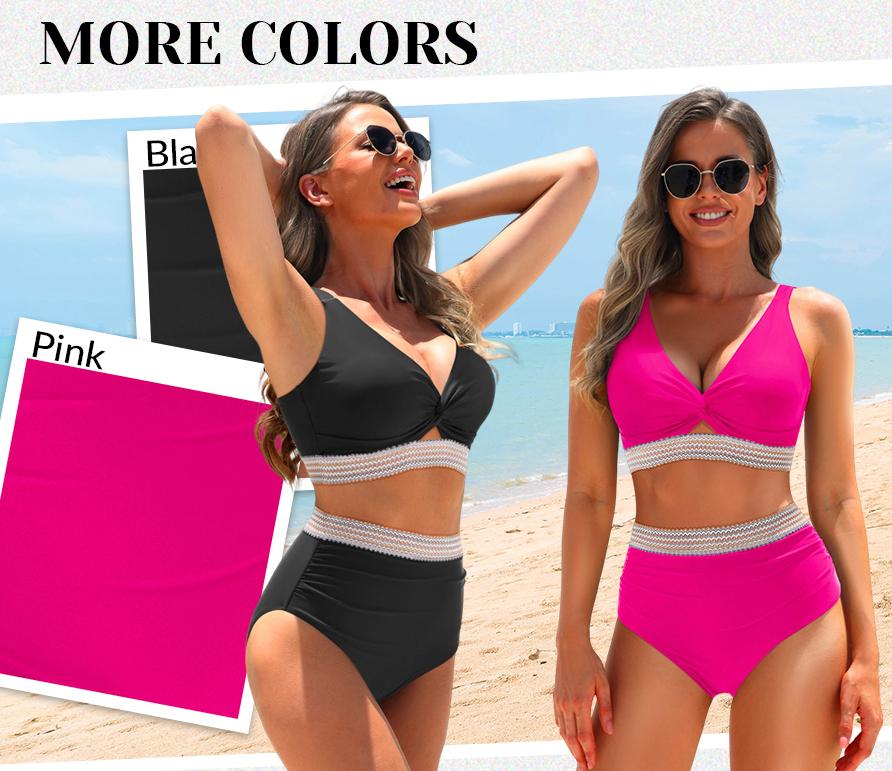Yonique Women's High Waisted Bikini - Twist Front Two Piece Swimsuit Color Block Full Coverage Bathing Suit
