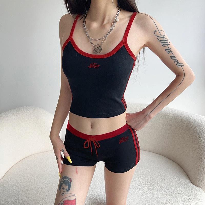 Women Biker Shorts Athletic Shorts 2 Piece Workout Sets Casual Sports Activewear Sports style contrasting color splicing casual two-piece set, letter embroidered suspender, sports vest, lace-up shorts set running split Backless Halter Crop Top