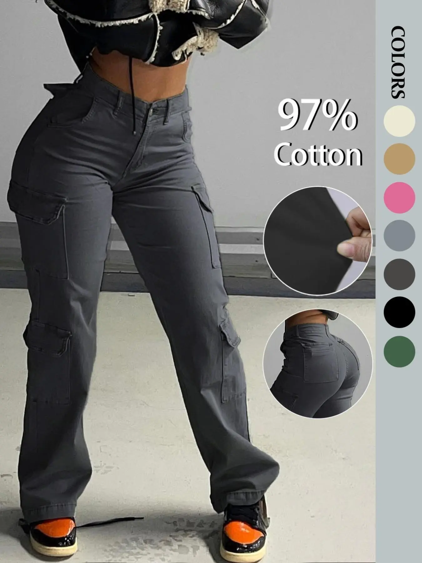 Women's Pocket Cover Plain Woven Cargo Pants Button, Fashion Casual Elastic Waisted Multi-Color Workwear, Daily Comfortable Street Style Elastic Fitted Long Pants Streetwear