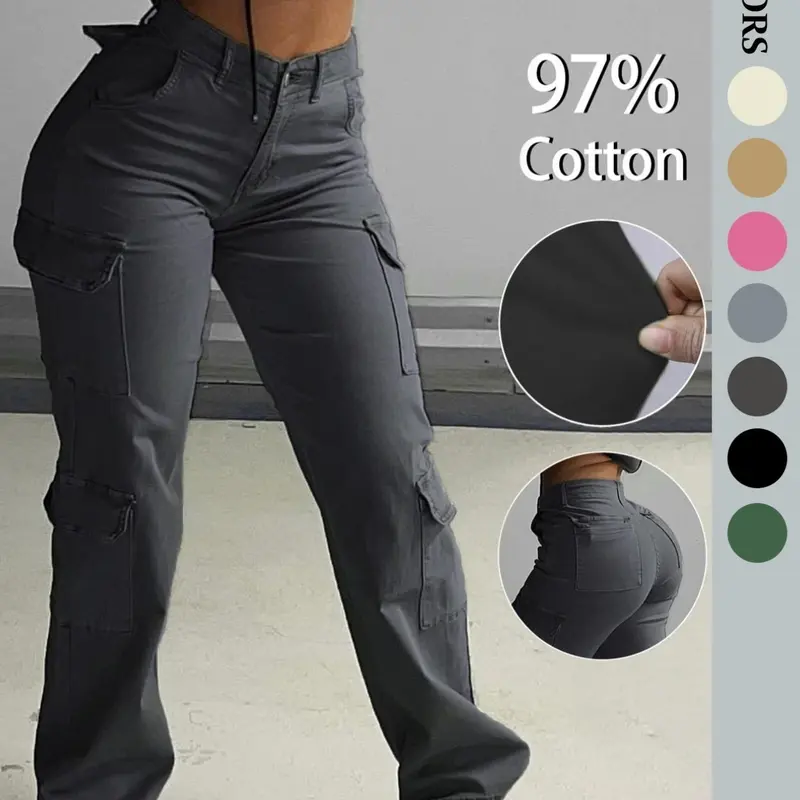 Women's Pocket Cover Plain Woven Cargo Pants Button, Fashion Multi-Color Workwear, Daily Comfortable Street Style Elastic Fitted Long Pants Streetwear, Fashion Bottoms