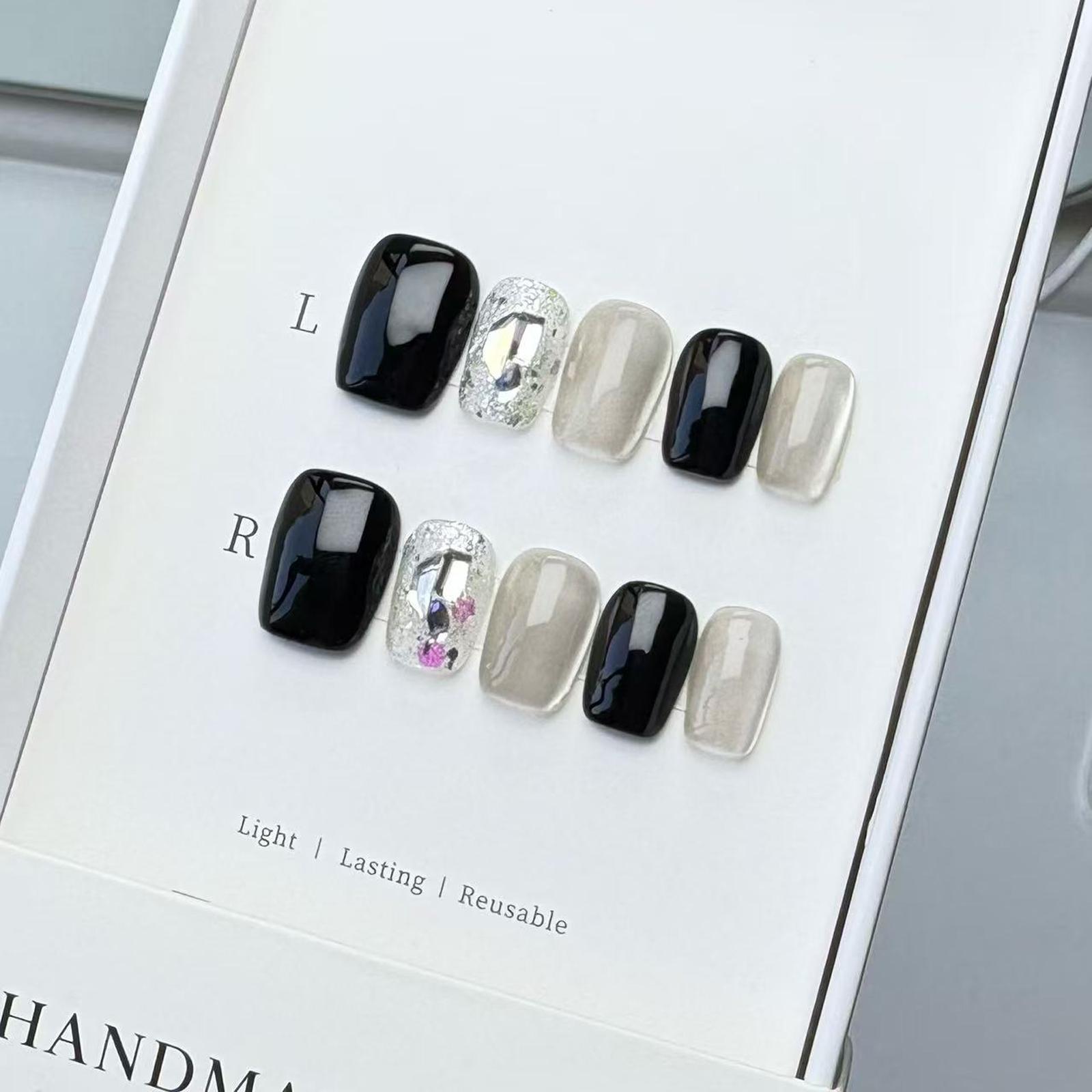 Boss Babe Exclusive Luxury Press Ons! Black White Color Block & Milk White Cat Eye & Exquisite Hand-Painted Big Diamond, Cool & Cute Vibe, Photo Ready