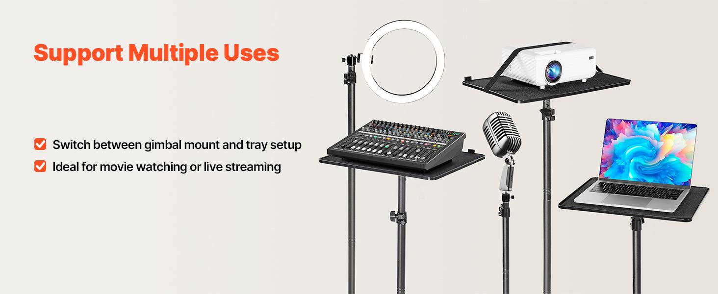 VEVOR Projector Stand, Projector Floor Stand with Adjustable Height 30.3 to 63.4 inch, 360 Horizontal Rotation Projectors Cart for Meetings, Outdoor Movies, Video Stand, Gimbal Mount or Tray Support