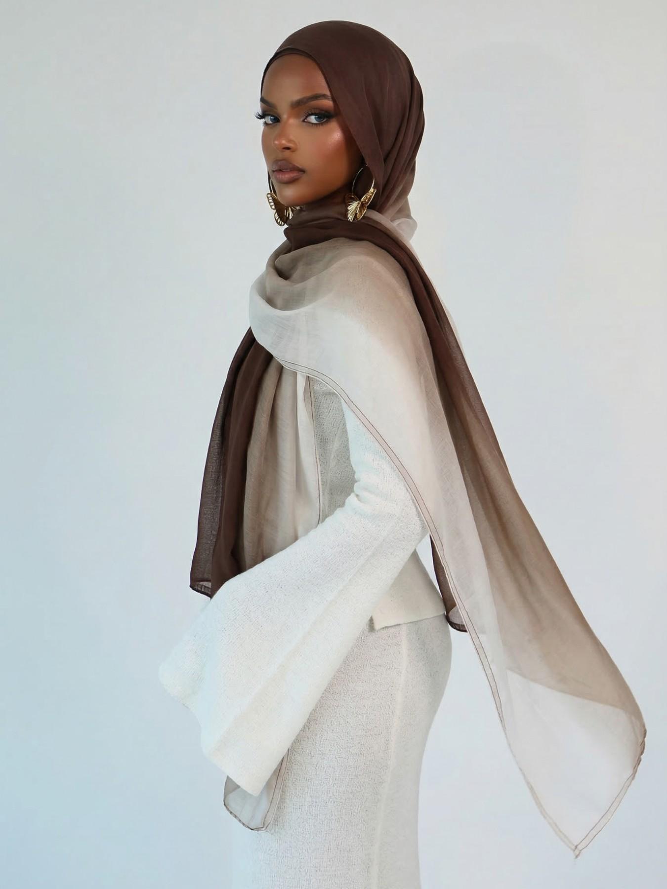 Women's Elegant Gradient Print Hijab Scarf, Soft Cotton Headscarves, Muslim Daily Wear Long Shawl, Fashionable Beach Wrap